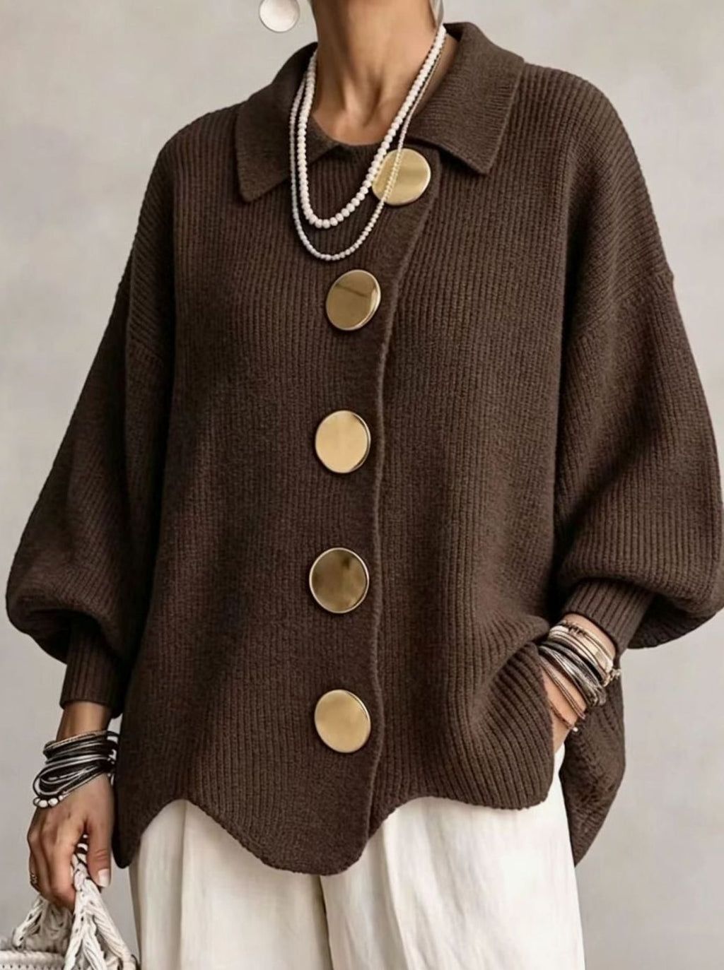 Women's Oversized Knit Cardigan Gold Button Lantern Sleeve Sweater - Mocha