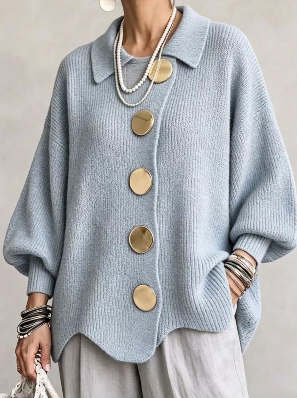 Women's Oversized Knit Cardigan Gold Button Lantern Sleeve Sweater - Sky Blue