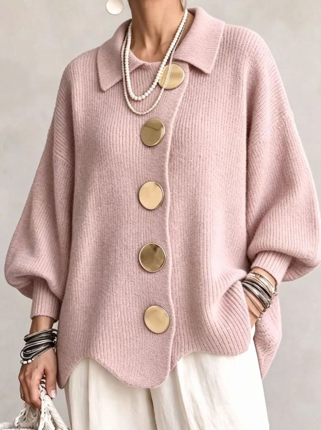 Women's Oversized Knit Cardigan Gold Button Lantern Sleeve Sweater - Powder Pink