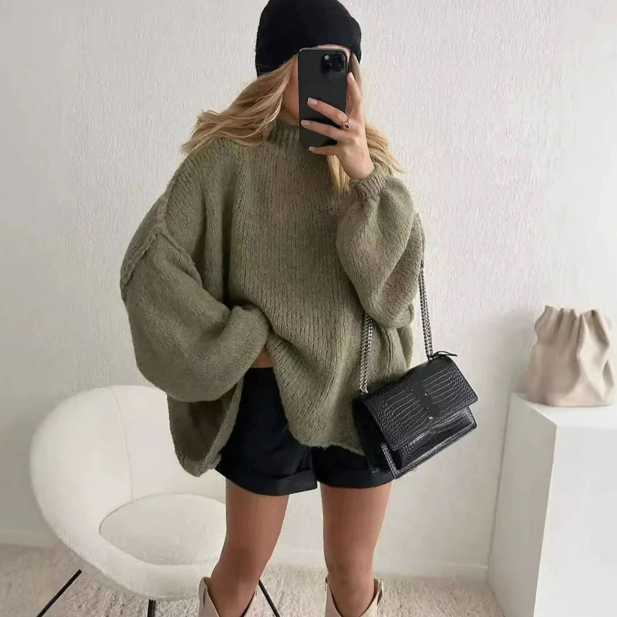 Women's Oversized Knit Turtleneck Sweater Long Sleeve Winter Pullover - Green
