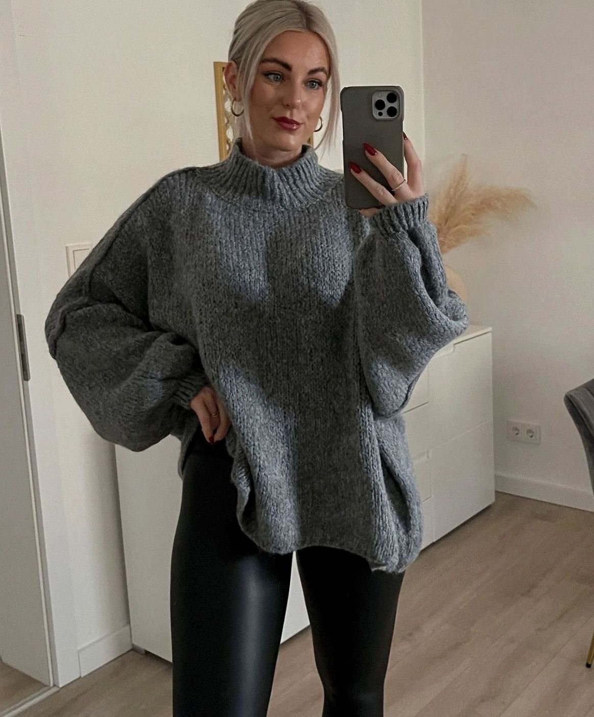 Women's Oversized Knit Turtleneck Sweater Long Sleeve Winter Pullover - Dark Grey