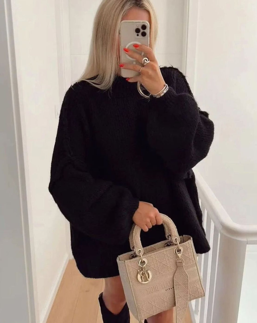 Women's Oversized Knit Turtleneck Sweater Long Sleeve Winter Pullover - Black