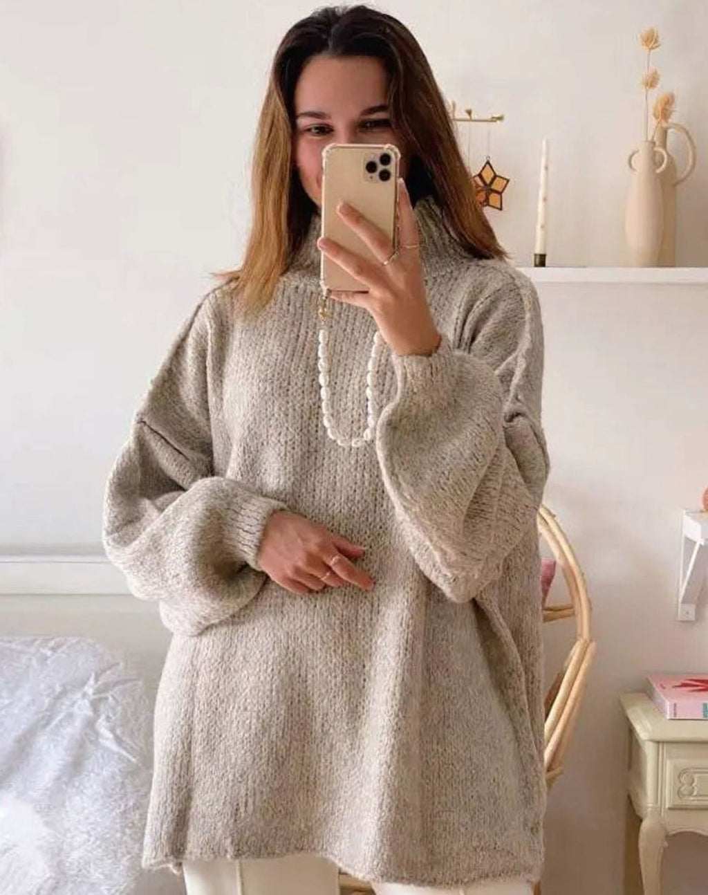 Women's Oversized Knit Turtleneck Sweater Long Sleeve Winter Pullover - Khaki
