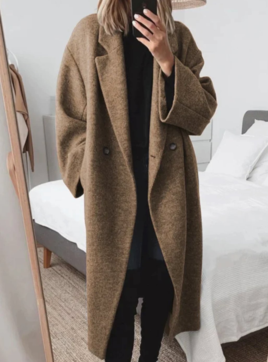 Women's Oversized Long Double-Breasted Lapel Wool-Blend Coat - Brown