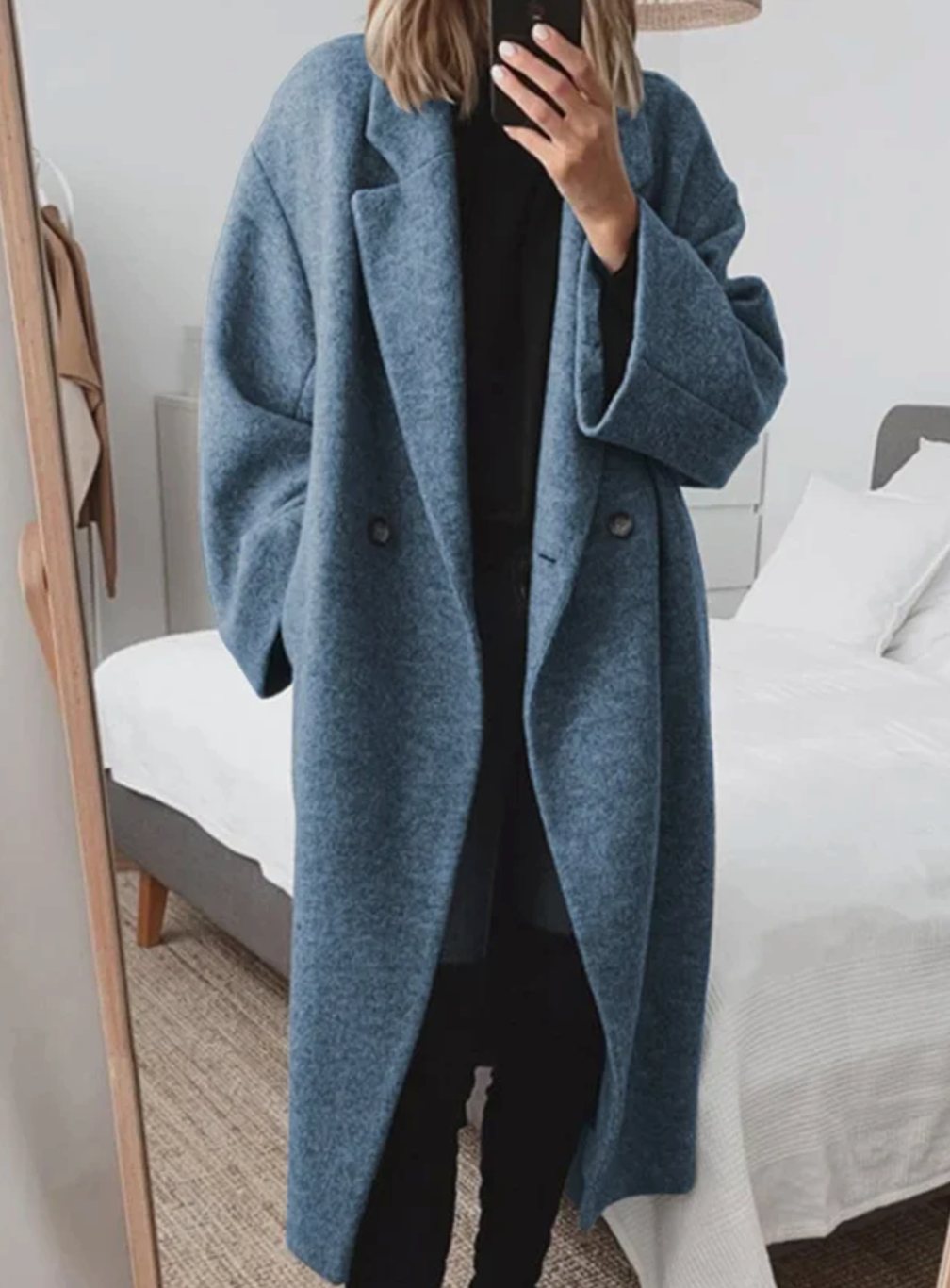 Women's Oversized Long Double-Breasted Lapel Wool-Blend Coat - Blue