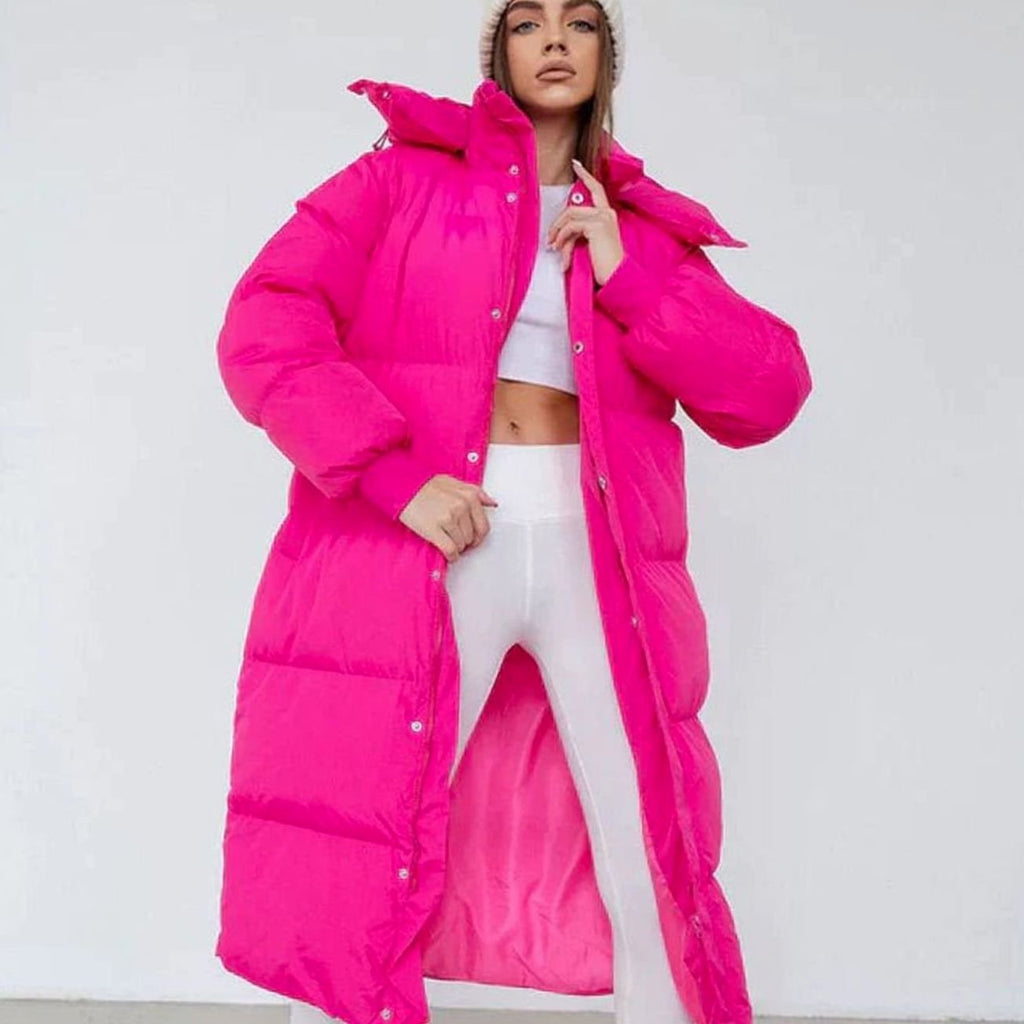 Women's Oversized Long Quilted Puffer Jacket Hooded Maxi Coat - Pink