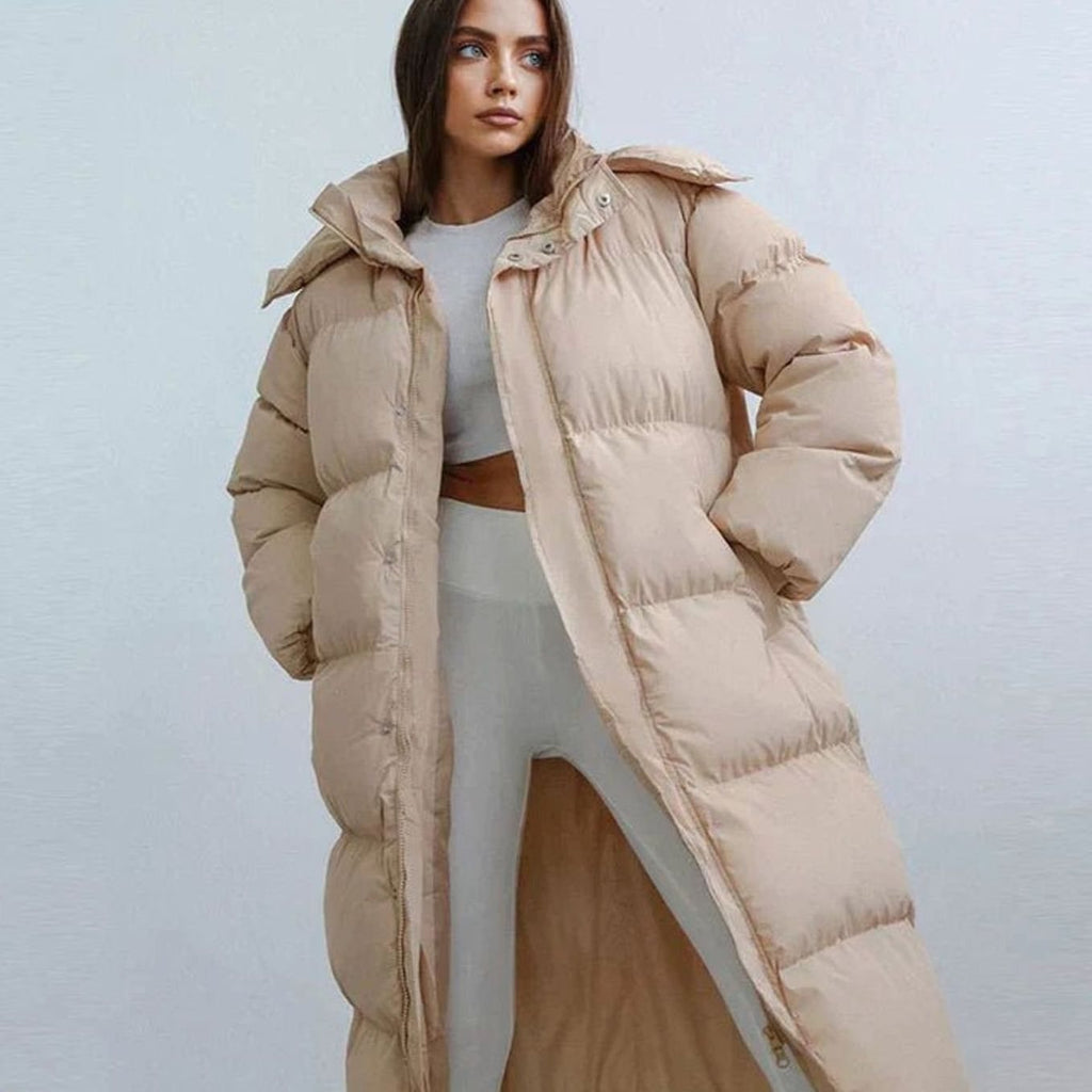 Women's Oversized Long Quilted Puffer Jacket Hooded Maxi Coat - Beige
