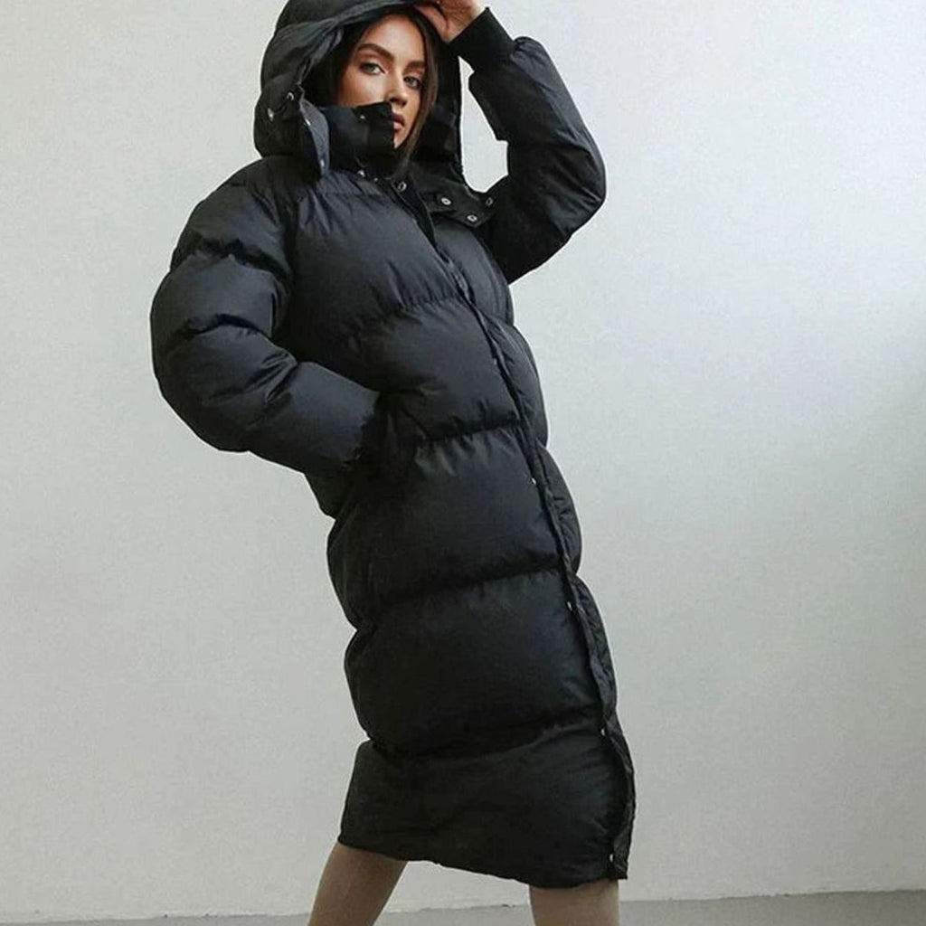 Women's Oversized Long Quilted Puffer Jacket Hooded Maxi Coat - Black