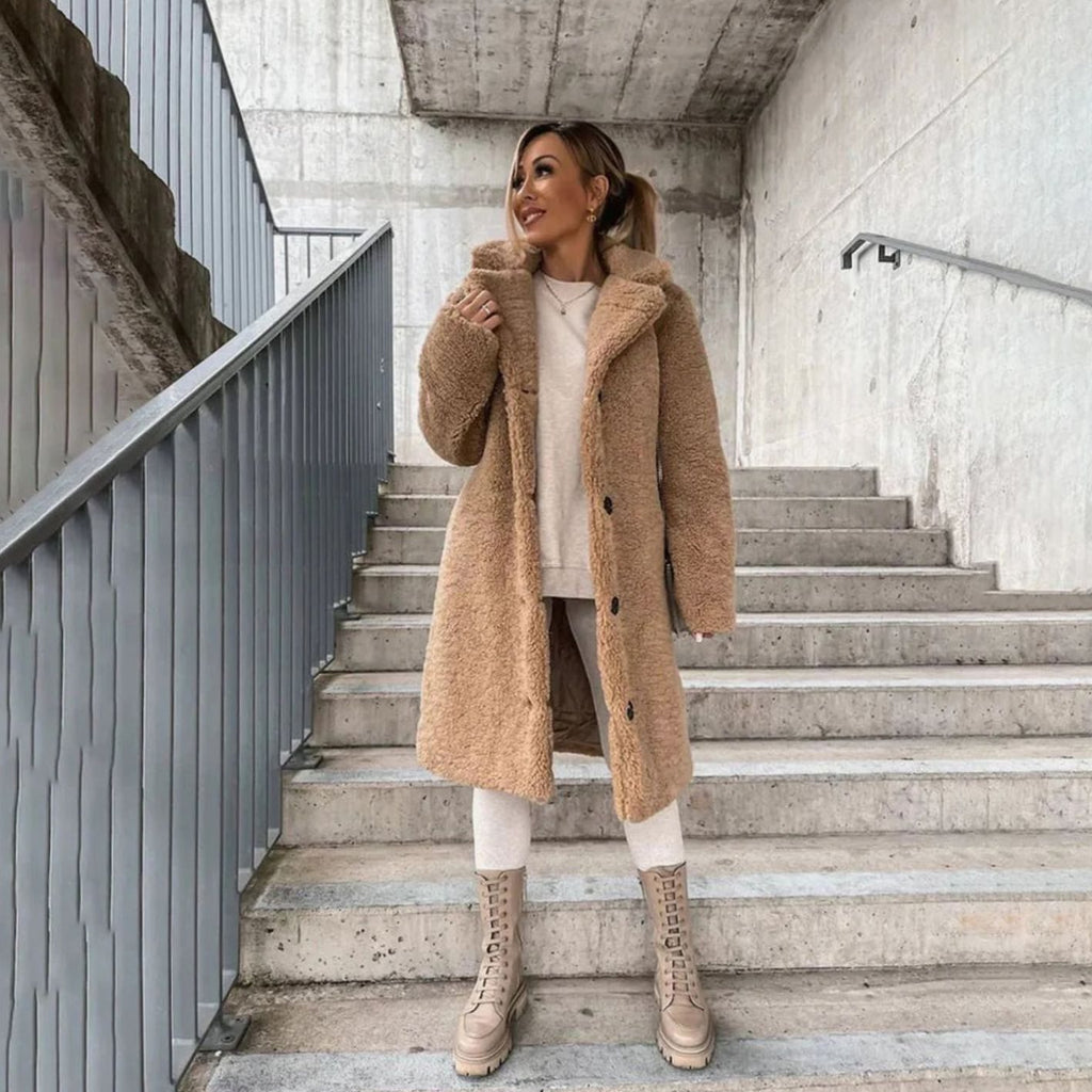 Women's Oversized Long Teddy Coat Lapel Collar Button-Front - Khaki