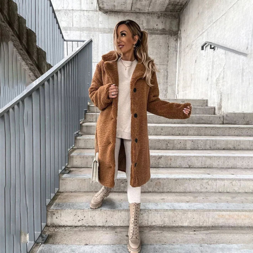Women's Oversized Long Teddy Coat Lapel Collar Button-Front - Coffee