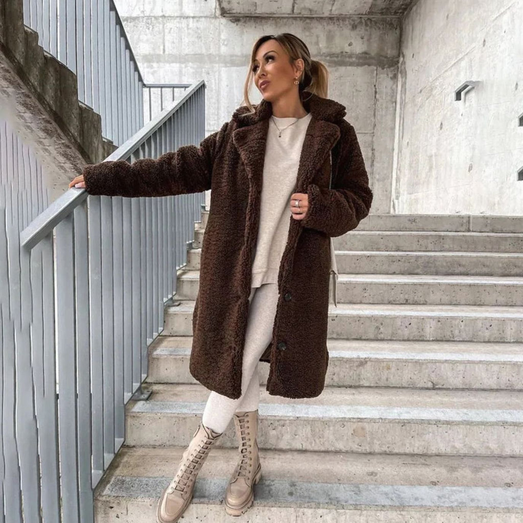 Women's Oversized Long Teddy Coat Lapel Collar Button-Front - Brown