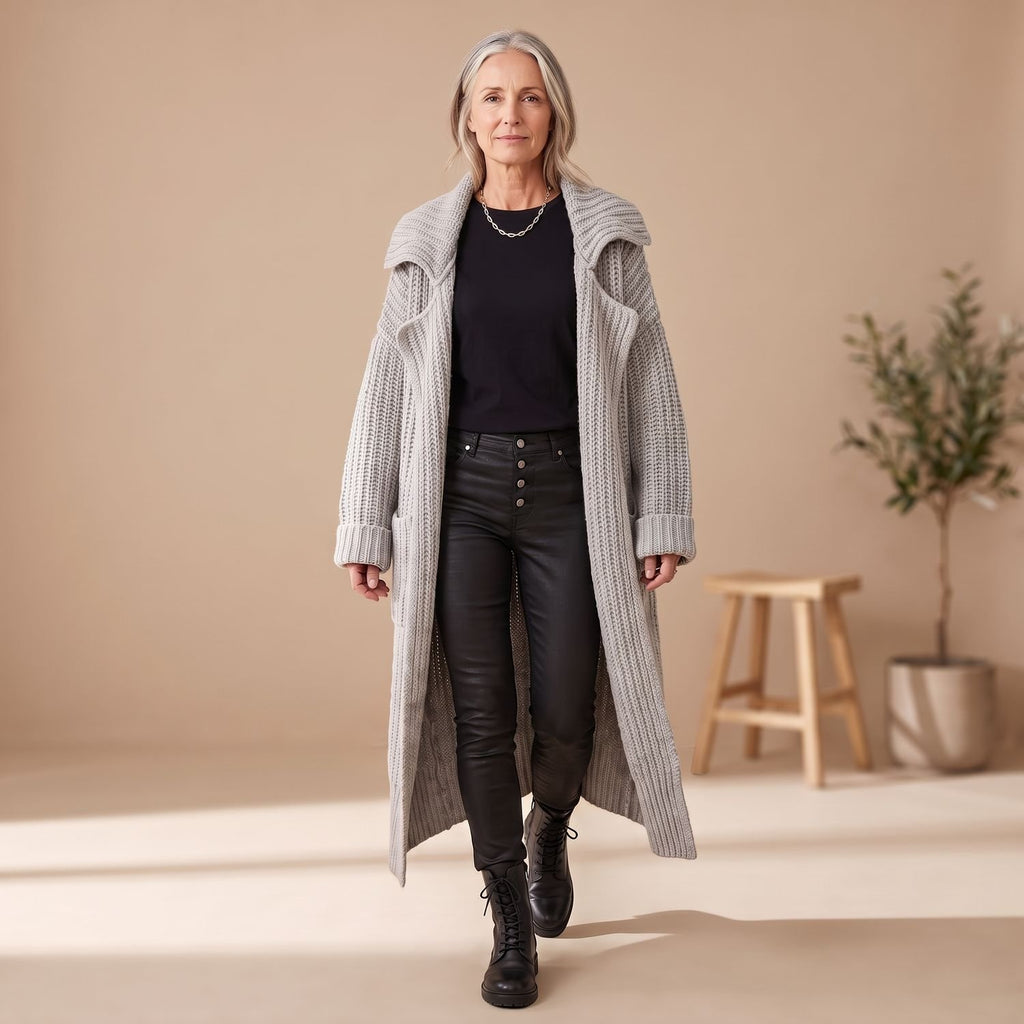 Women's Oversized Longline Ribbed Knit Cardigan Drop-Shoulder Coat - Gray
