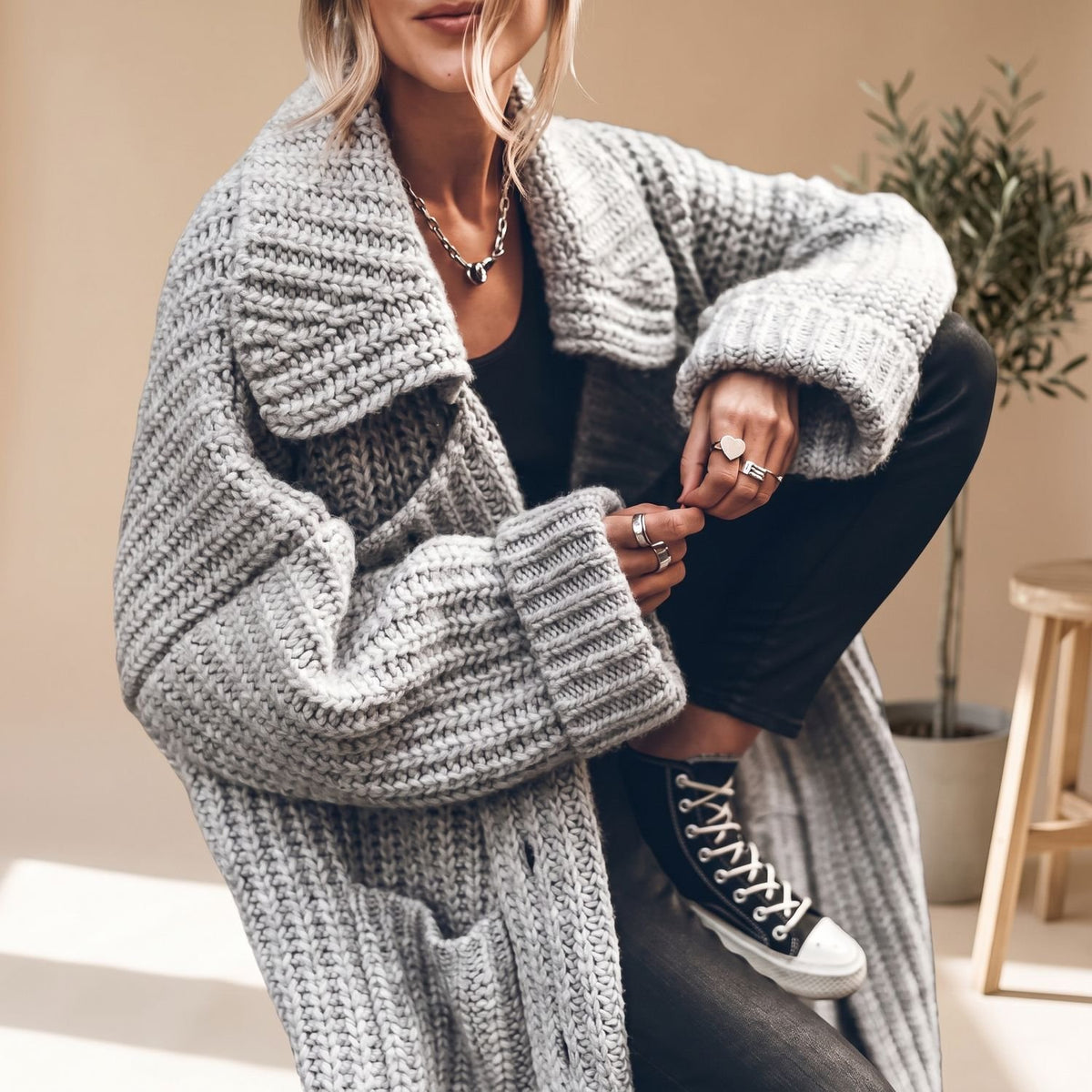 Women's Oversized Longline Ribbed Knit Cardigan Drop-Shoulder Coat