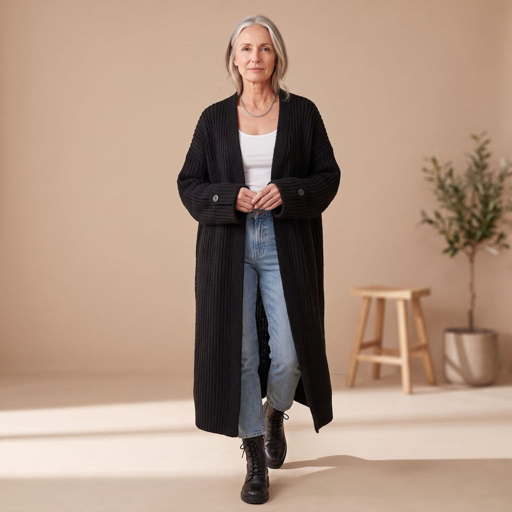 Women's Oversized Longline Ribbed Knit Cardigan Drop-Shoulder Coat - Black