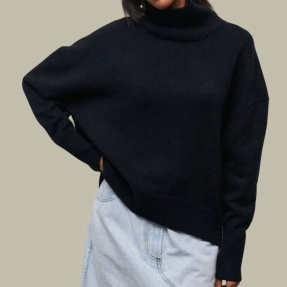 Women's Oversized Loose Fit Turtlenecks Knit Pullover Sweater - Black