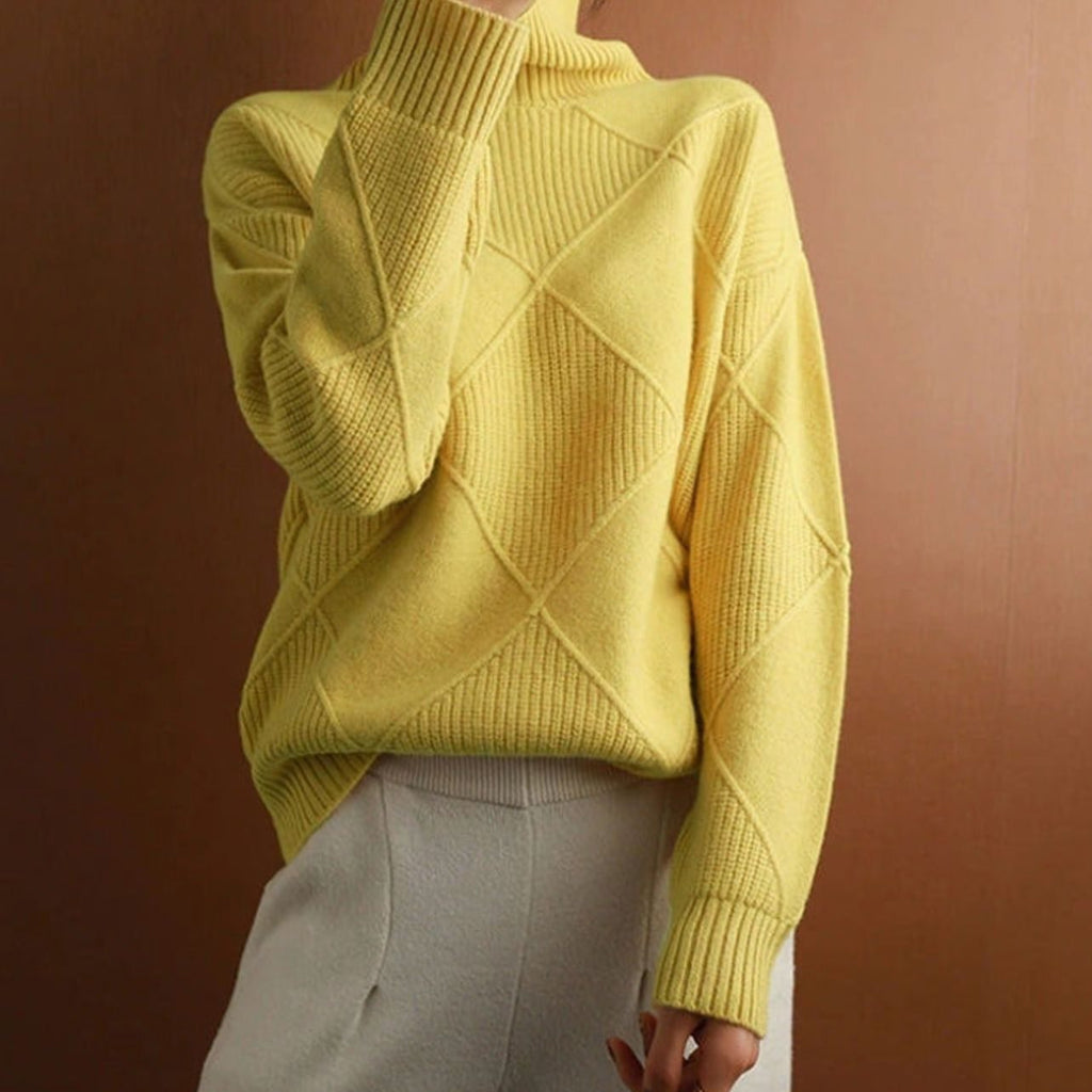Women's Oversized Mock-Neck Diamond-Knit Pullover Sweater - Yellow