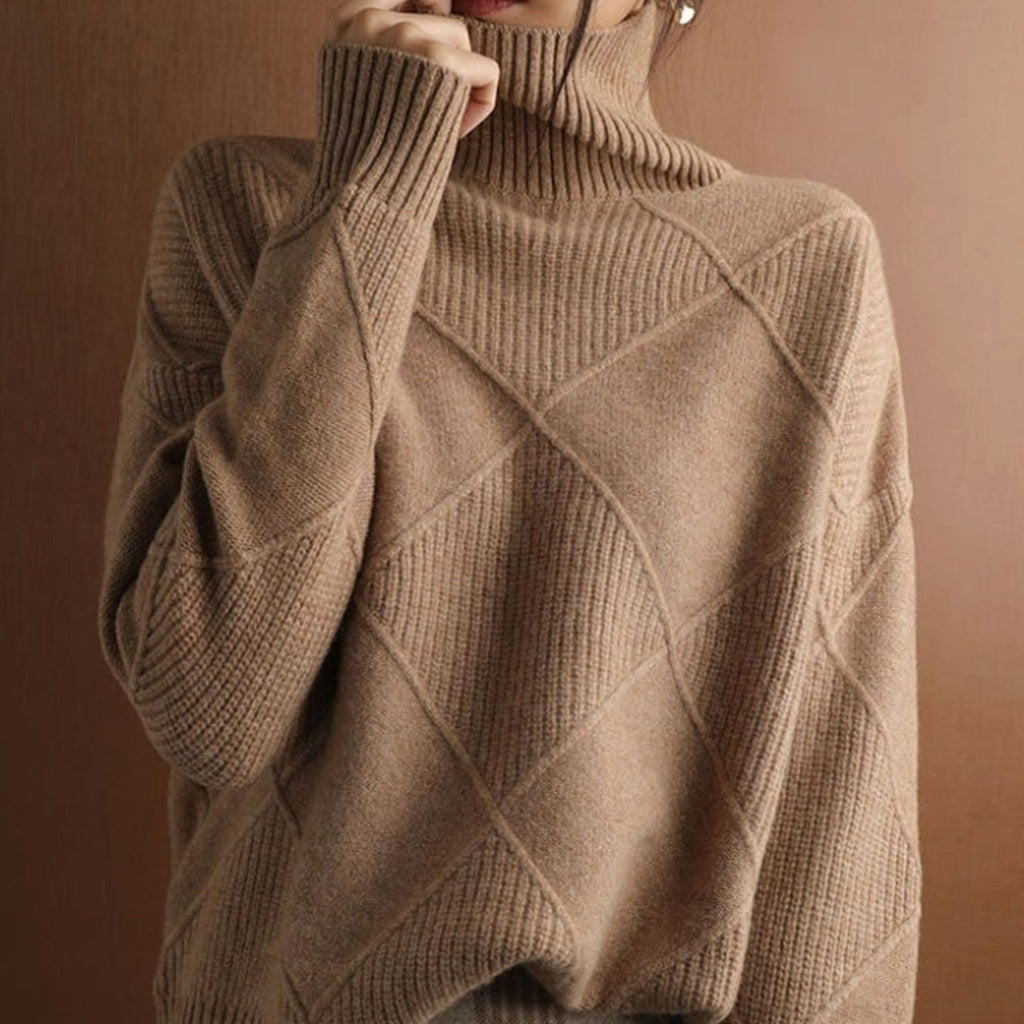 Women's Oversized Mock-Neck Diamond-Knit Pullover Sweater - Brown