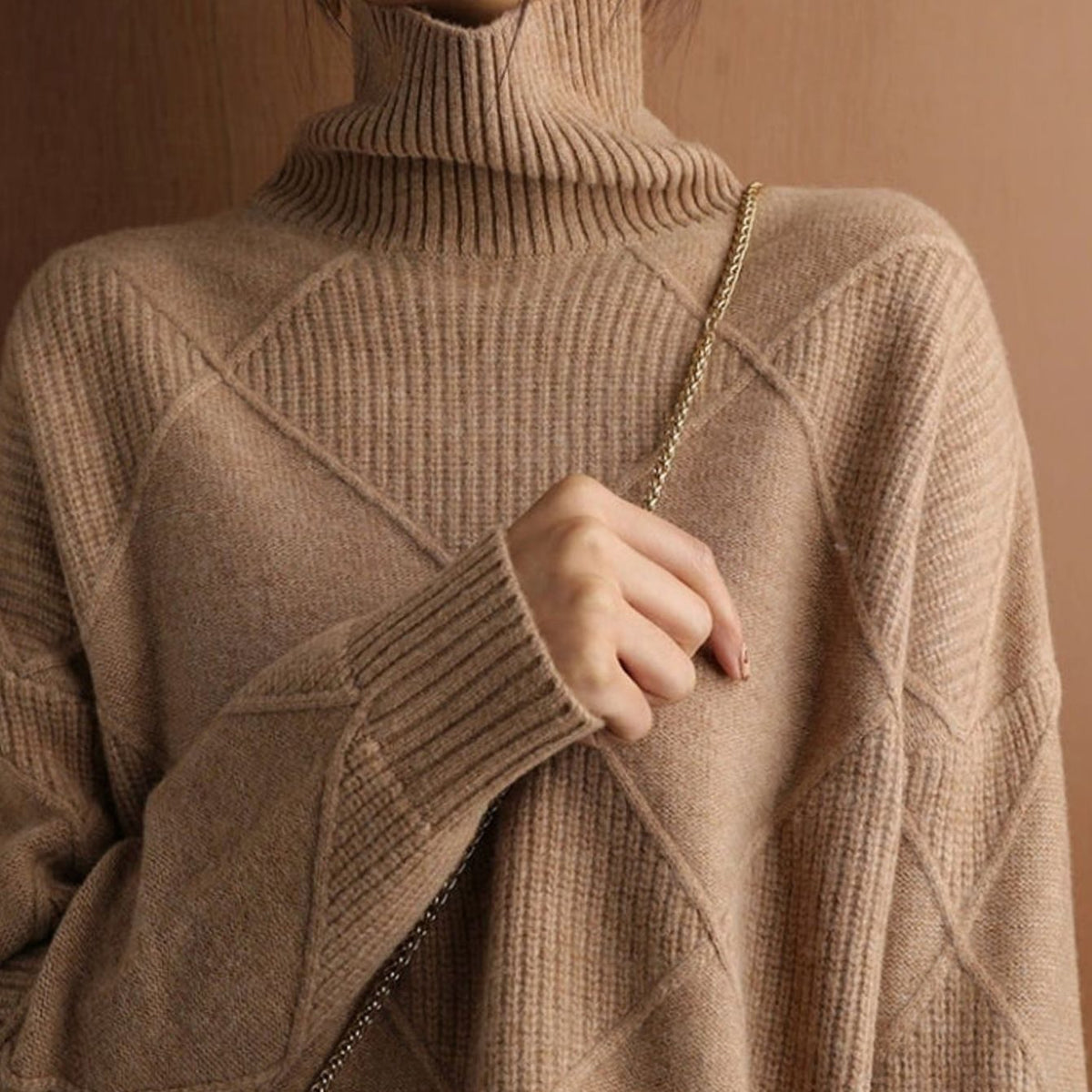 Women's Oversized Mock-Neck Diamond-Knit Pullover Sweater