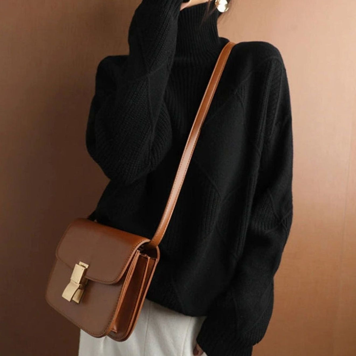 Women's Oversized Mock-Neck Diamond-Knit Pullover Sweater