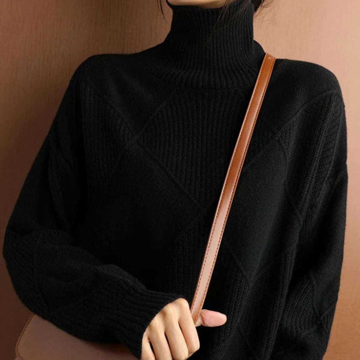 Women's Oversized Mock-Neck Diamond-Knit Pullover Sweater