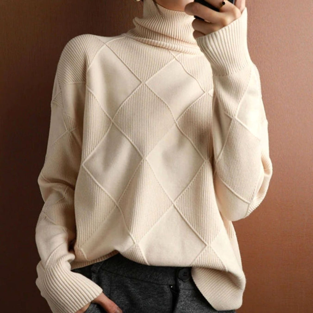 Women's Oversized Mock-Neck Diamond-Knit Pullover Sweater - Beige