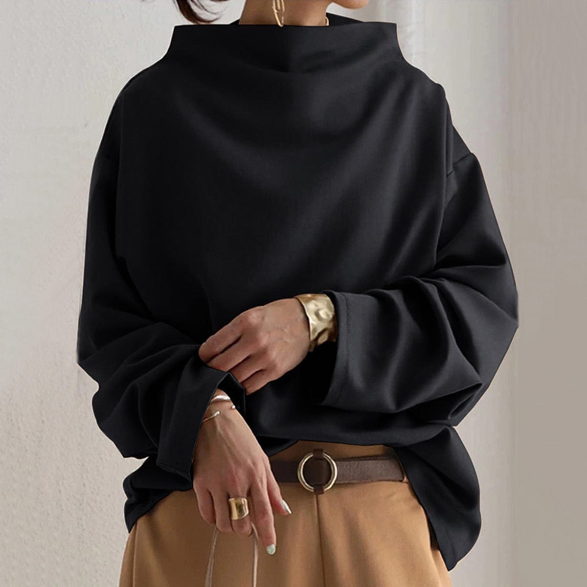 Women's Oversized Mock-Neck Knit Sweater Pullover Top - Black