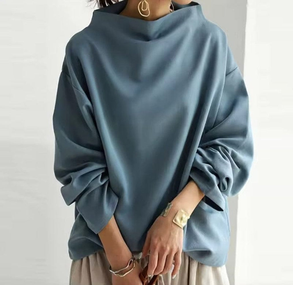Women's Oversized Mock-Neck Knit Sweater Pullover Top - Blue