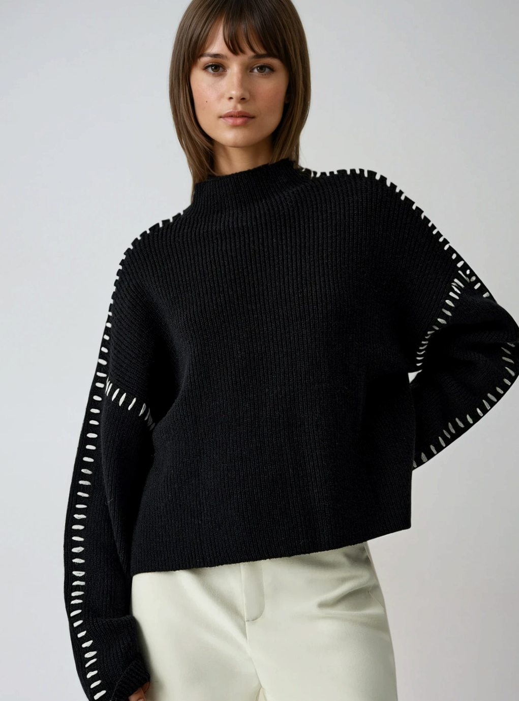 Women's Oversized Mock Neck Sweater Contrast Whipstitch Rib-Knit, Black