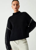 Women's Oversized Mock Neck Sweater Contrast Whipstitch Rib-Knit, Black - Black