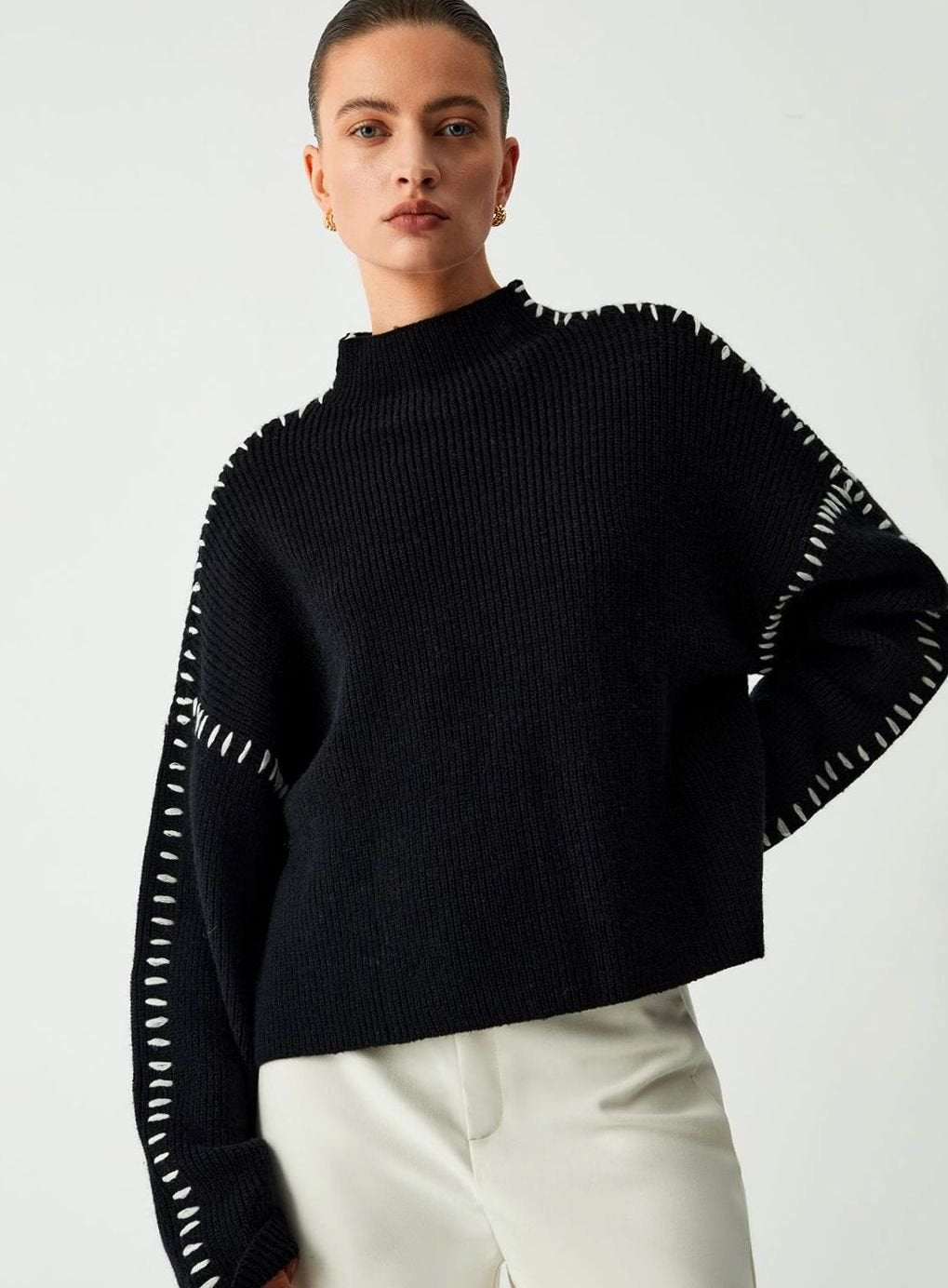 Women's Oversized Mock Neck Sweater Contrast Whipstitch Rib-Knit, Black - Black