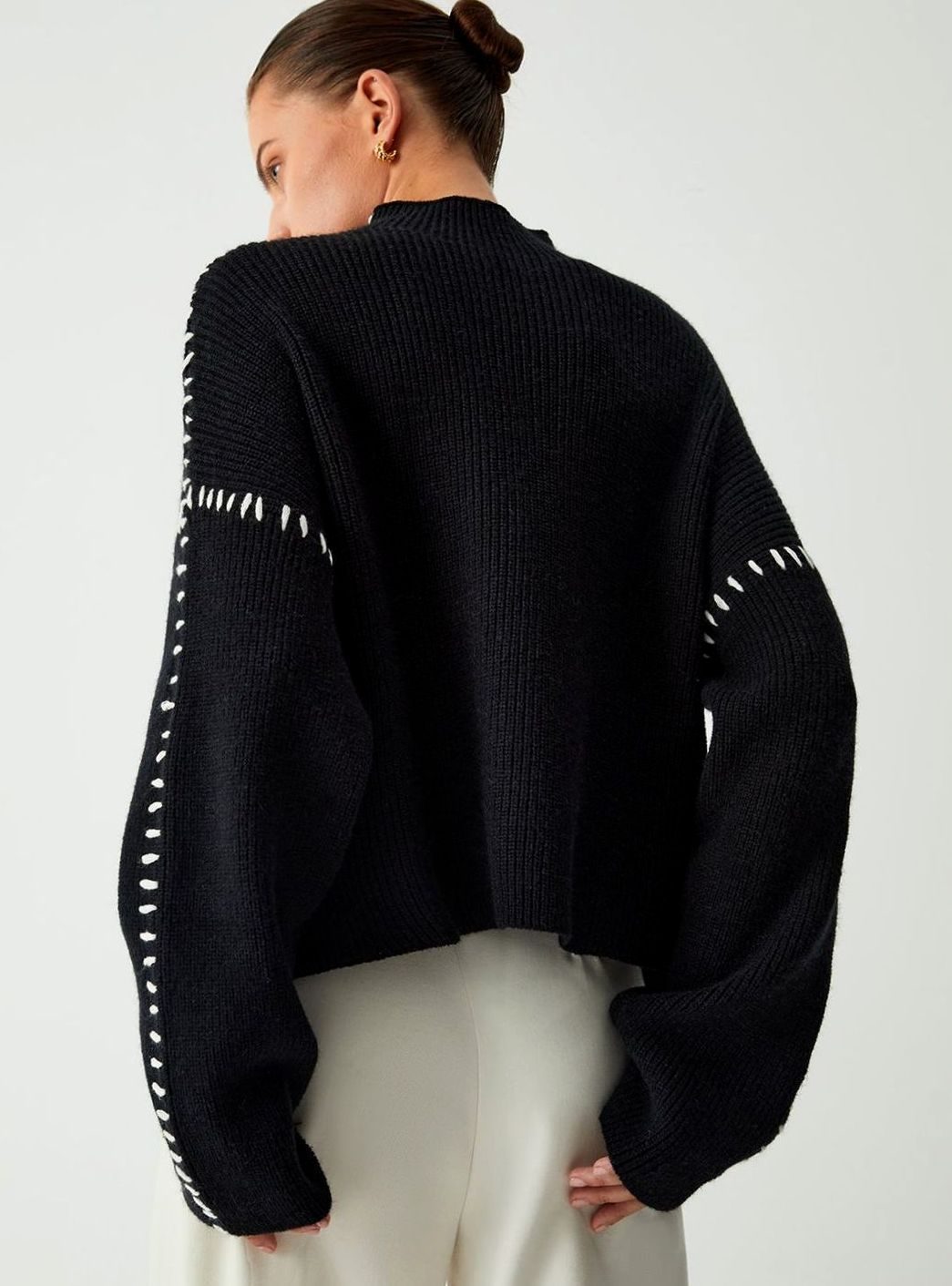 Women's Oversized Mock Neck Sweater Contrast Whipstitch Rib-Knit, Black