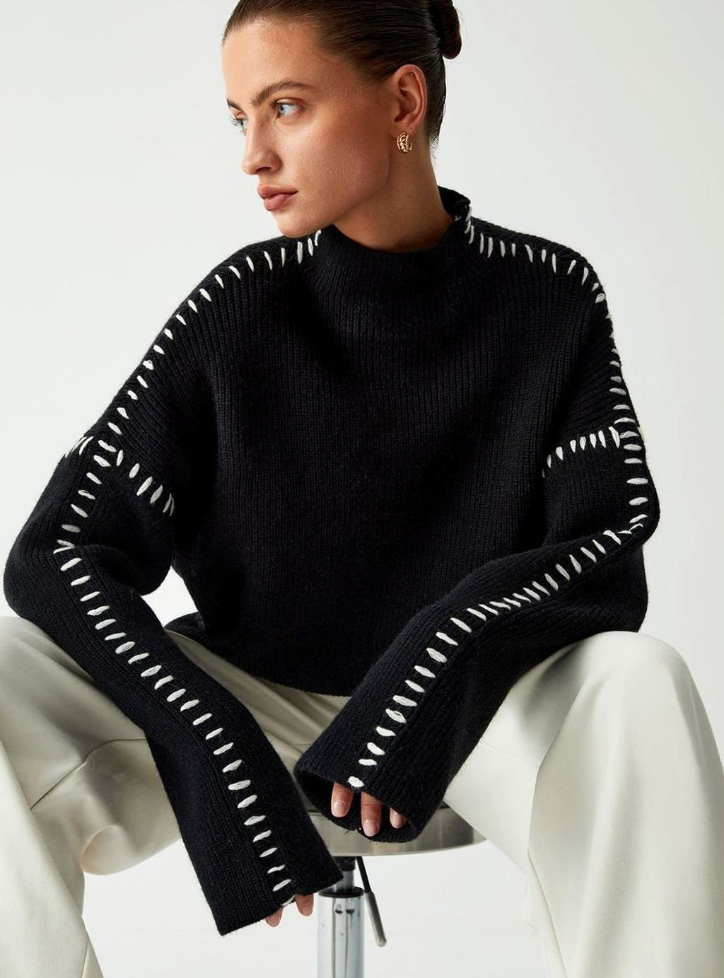 Women's Oversized Mock Neck Sweater Contrast Whipstitch Rib-Knit, Black