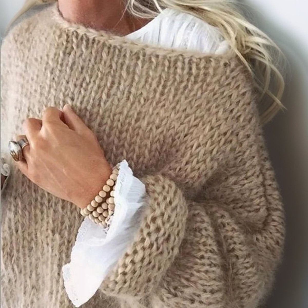 Women's Oversized Mohair Blend Batwing Knit Sweater - Khaki