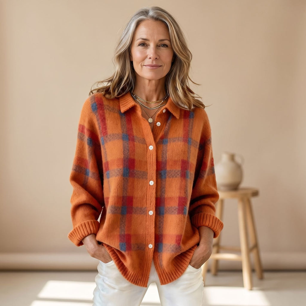 Women's Oversized Plaid Cardigan Sweater Button-Front Collared Shacket - Orange