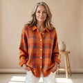 Women's Oversized Plaid Cardigan Sweater Button-Front Collared Shacket - Orange