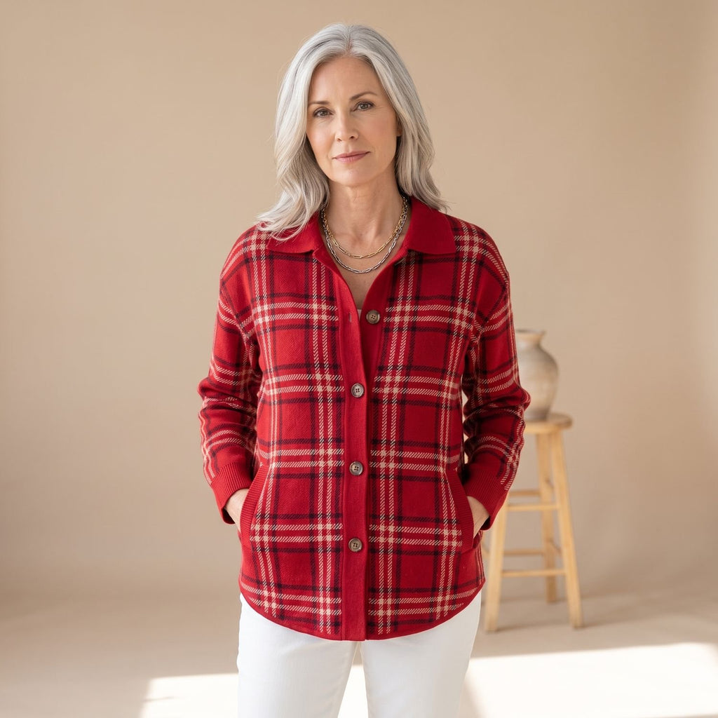 Women's Oversized Plaid Cardigan Sweater Button-Front Collared Shacket - Red