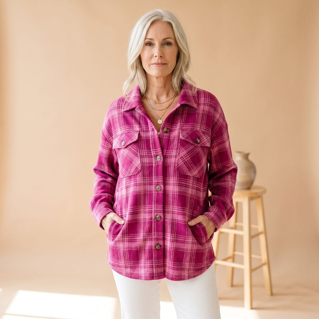 Women's Oversized Plaid Cardigan Sweater Button-Front Collared Shacket - Pink