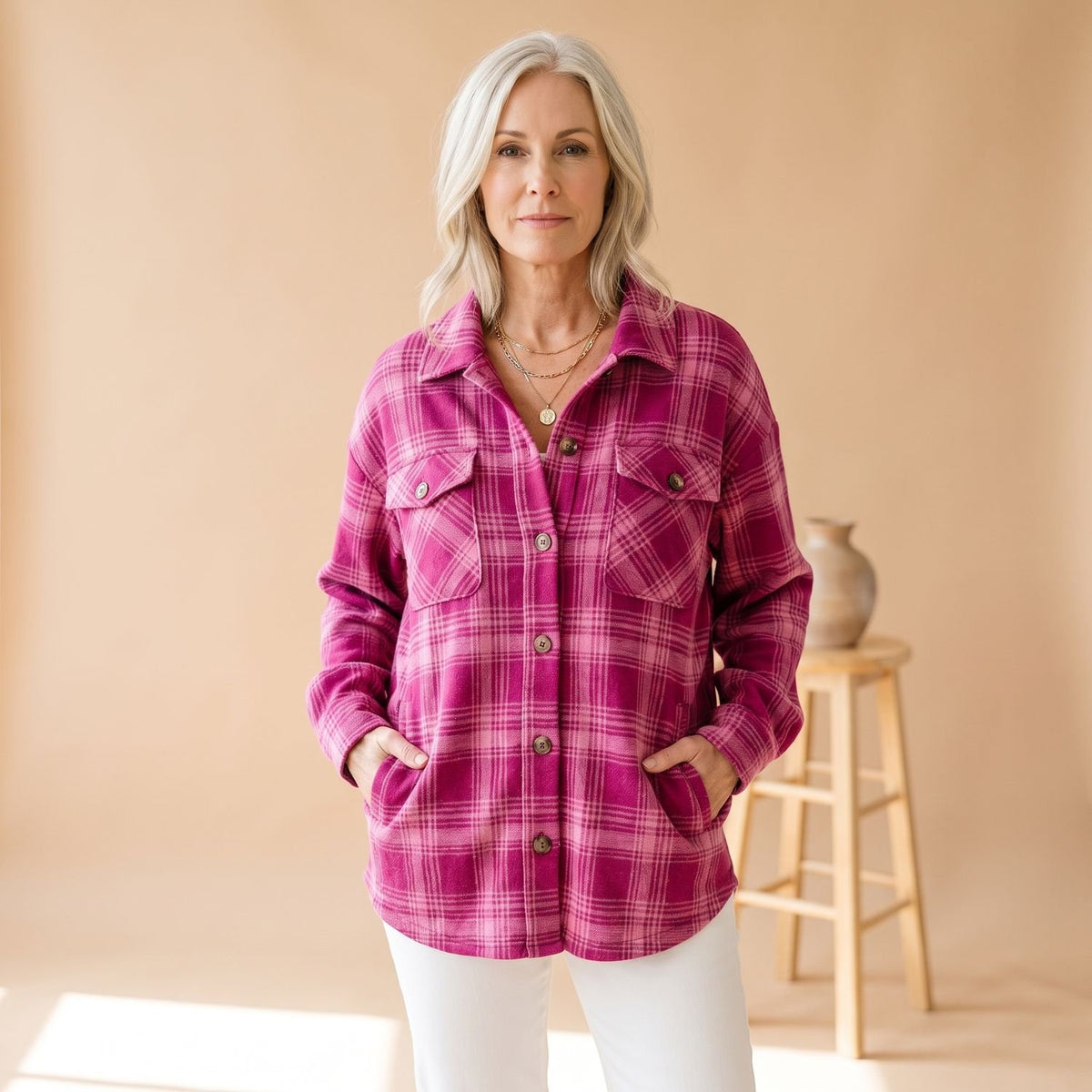 Women's Oversized Plaid Cardigan Sweater Button-Front Collared Shacket - Pink