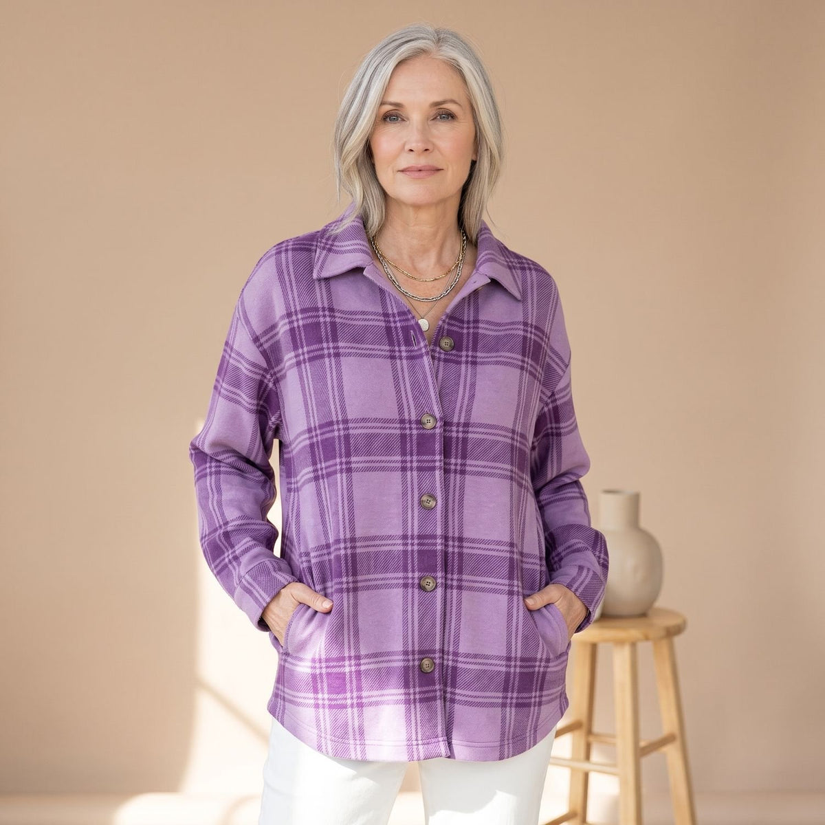 Women's Oversized Plaid Cardigan Sweater Button-Front Collared Shacket - Purple