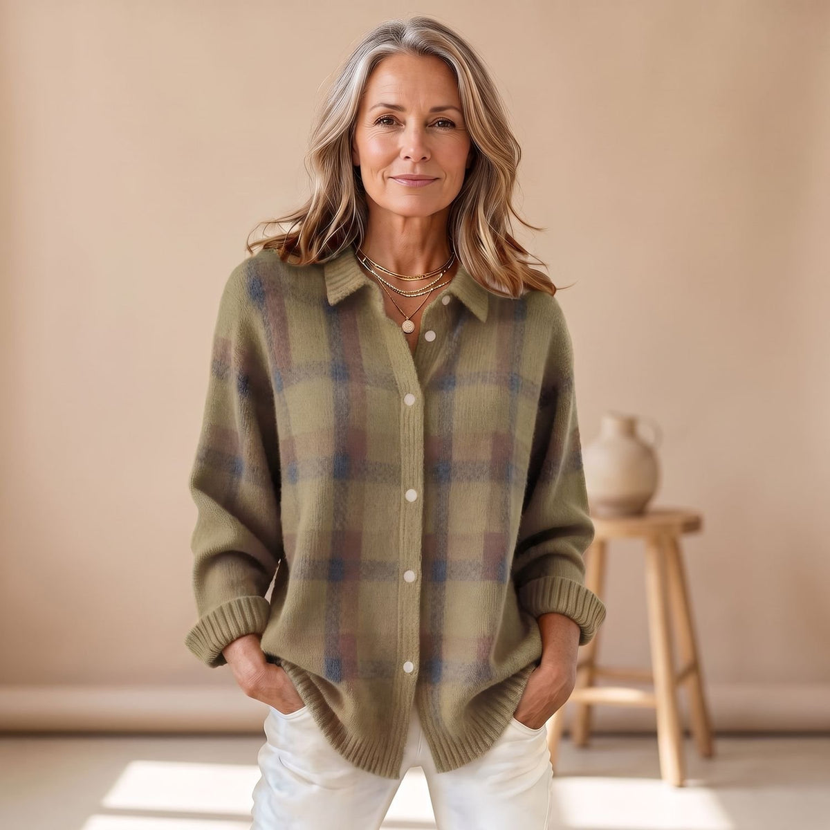 Women's Oversized Plaid Cardigan Sweater Button-Front Collared Shacket - Brown
