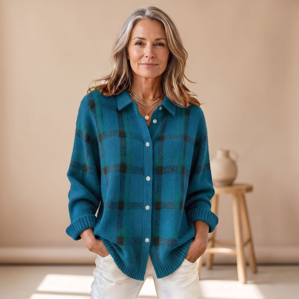 Women's Oversized Plaid Cardigan Sweater Button-Front Collared Shacket - Blue