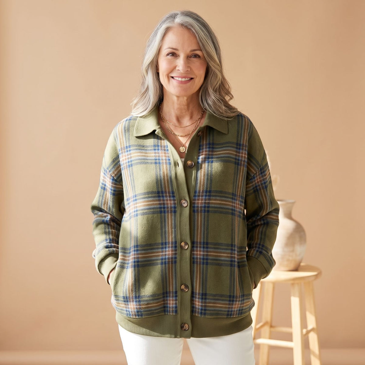 Women's Oversized Plaid Cardigan Sweater Button-Front Collared Shacket - Green