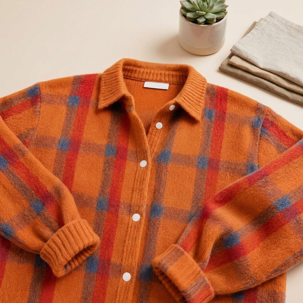 Women's Oversized Plaid Cardigan Sweater Button-Front Collared Shacket