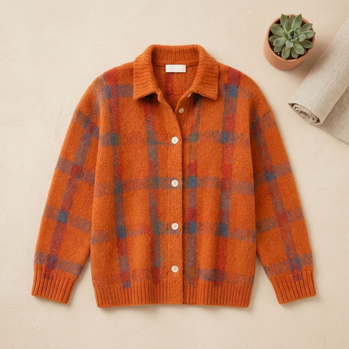 Women's Oversized Plaid Cardigan Sweater Button-Front Collared Shacket
