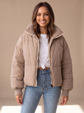 Women's Oversized Puffer Jacket Stand Collar Ribbed Cuff - Khaki