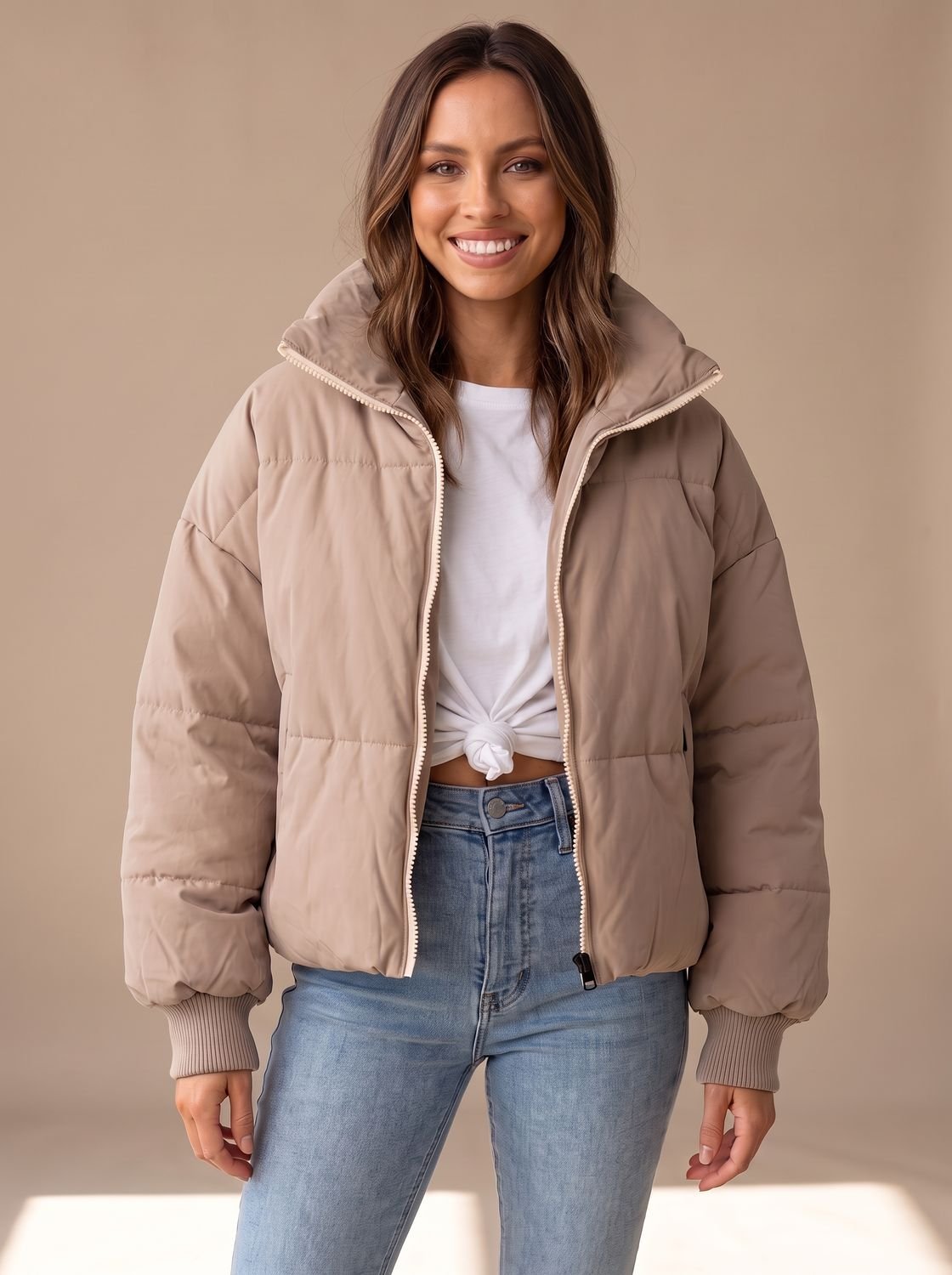 Women's Oversized Puffer Jacket Stand Collar Ribbed Cuff - Khaki