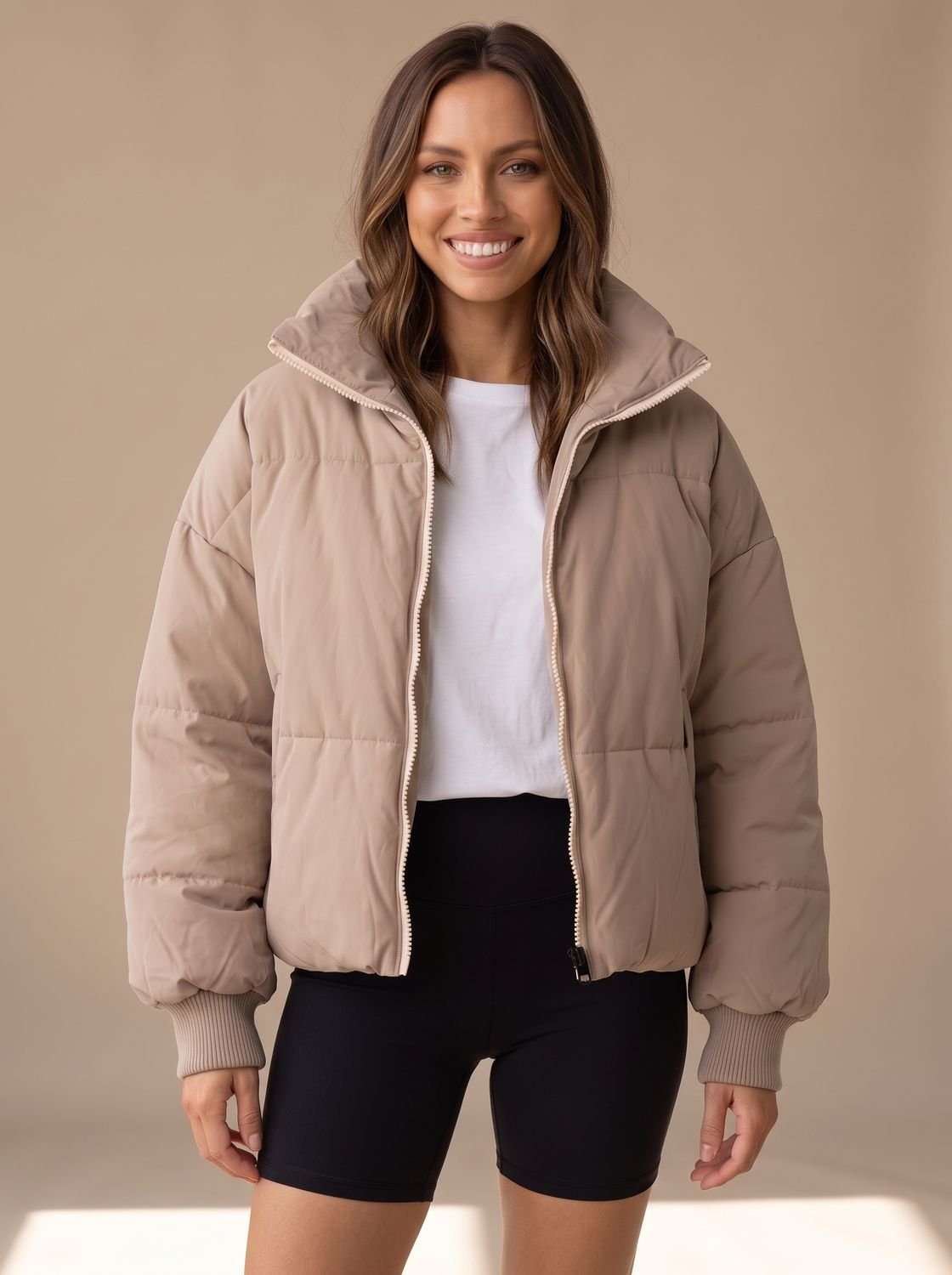 Women's Oversized Puffer Jacket Stand Collar Ribbed Cuff
