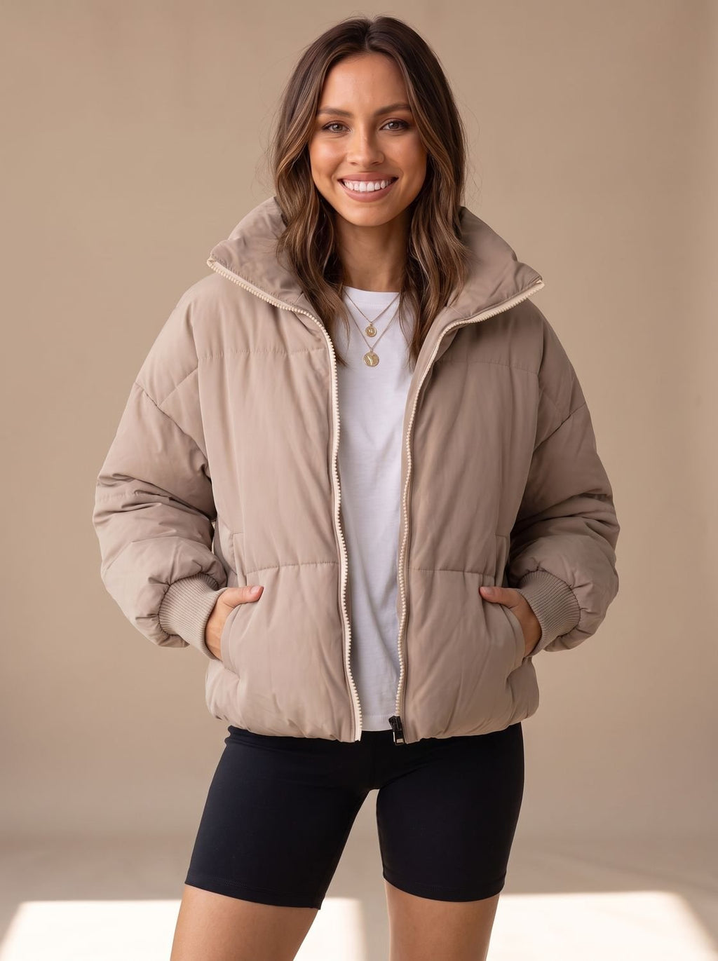Women's Oversized Puffer Jacket Stand Collar Ribbed Cuff