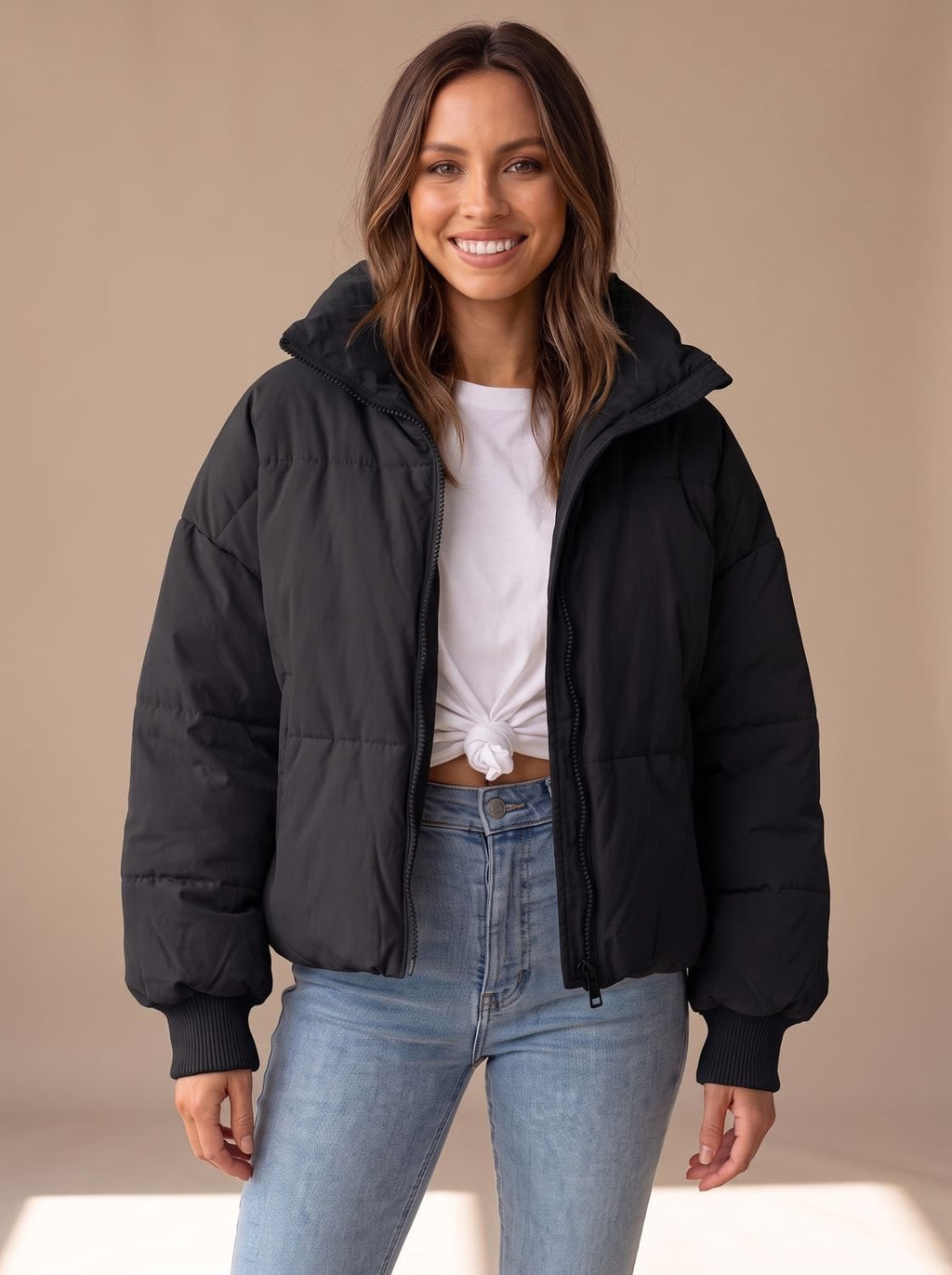 Women's Oversized Puffer Jacket Stand Collar Ribbed Cuff - Black