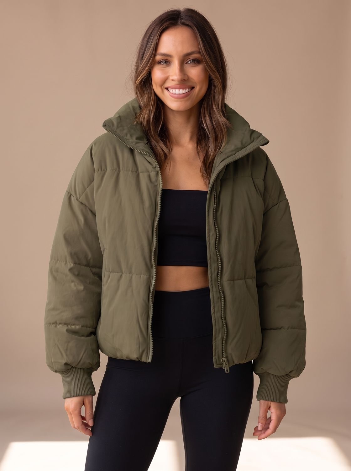 Women's Oversized Puffer Jacket Stand Collar Ribbed Cuff - Green